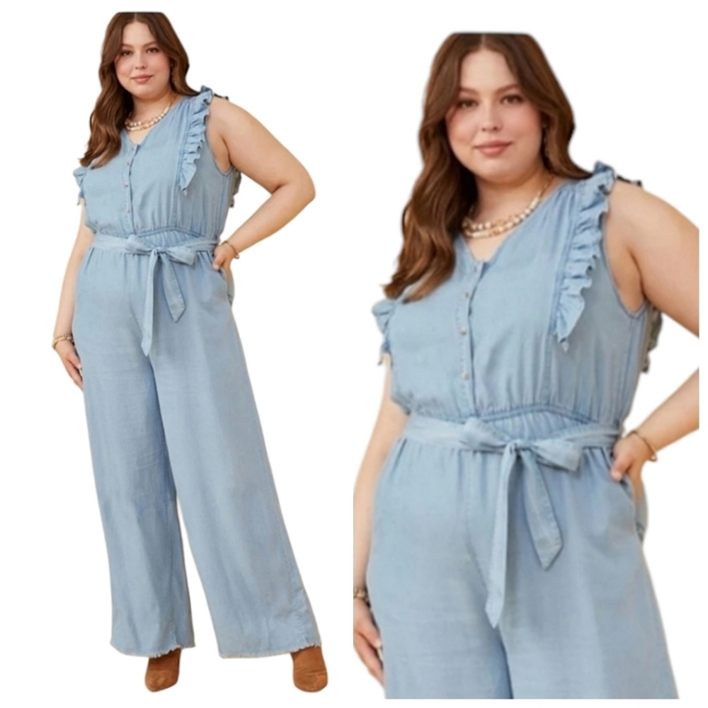 NWT Hayden Blue Tencel Buttoned Ruffle Tank Frayed Wide Leg Belted Jumpsuit